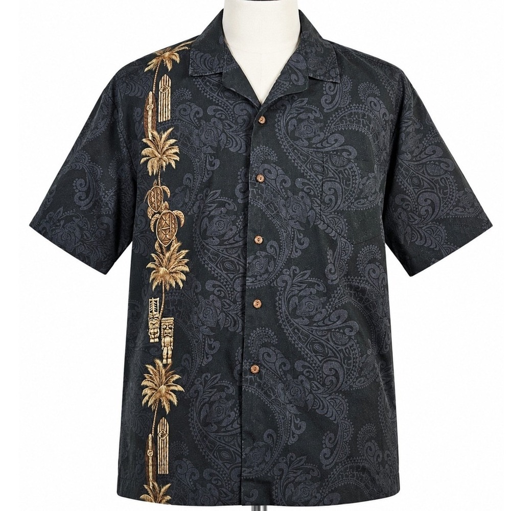 Pacific Legend Mens 2XL Black Paisley Hawaiian Shirt Tiki Palm Tree Surf Hawaii